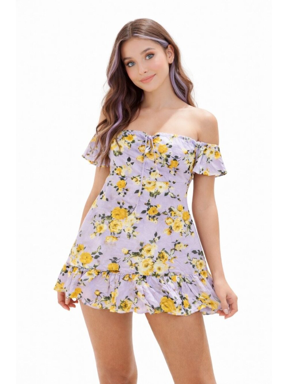 Forever 21 Floral Off Shoulder Mini Dress Yellow Purple Cottagecore Sz Small